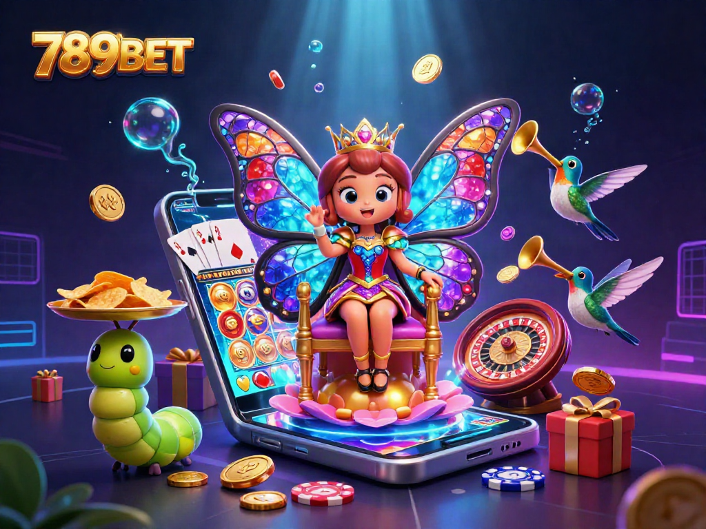 Engage with a vibrant 789BET online casino scene showcasing a fantasy butterfly queen and dynamic gaming elements.