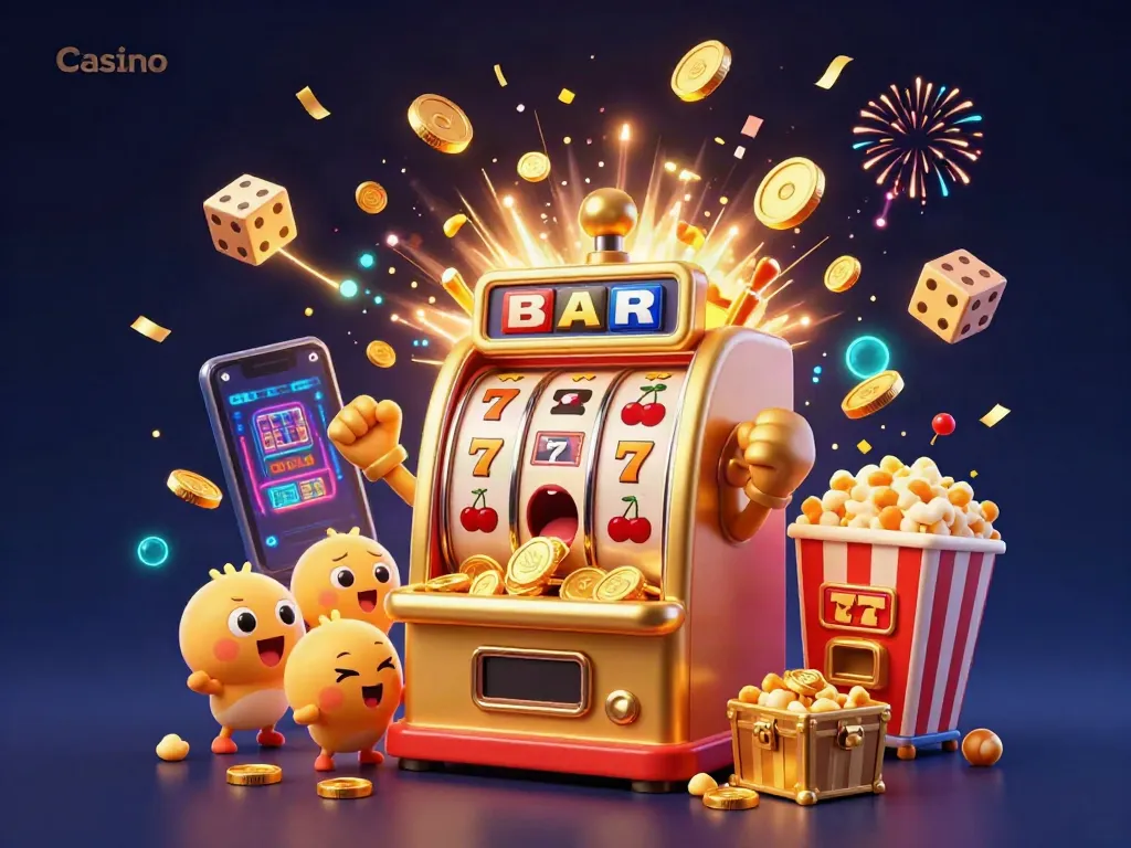 Golden slot machine celebrating a jackpot in a vibrant casino, with gold coins and symbols flying around.