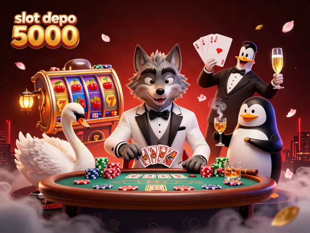 Experience the excitement of slot depo 5000 with a debonair wolf and elegant characters at a vibrant casino table.