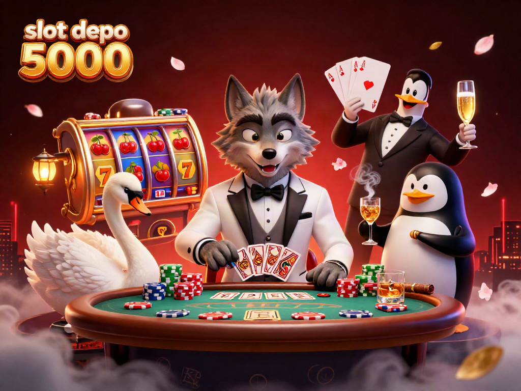 Experience the excitement of slot depo 5000 with a debonair wolf and elegant characters at a vibrant casino table.