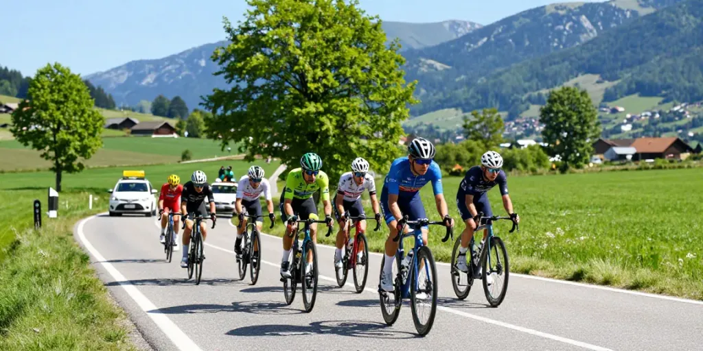 Ciclismo su strada: ciclisti in gara su una strada panoramica, paesaggi verdi sullo sfondo.